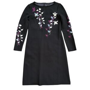 St. John Floral Print Knit Sheath Midi Dress Black Purple Long Sleeve Size 4
